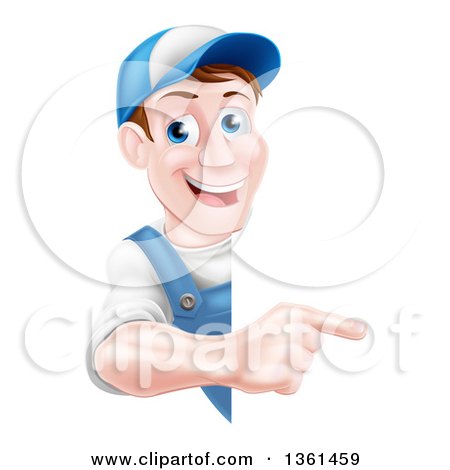 Clipart of a Happy Middle Aged Brunette Caucasian Mechanic Man in Blue, Wearing a Baseball Cap, Pointing Around a Sign - Royalty Free Vector Illustration by AtStockIllustration