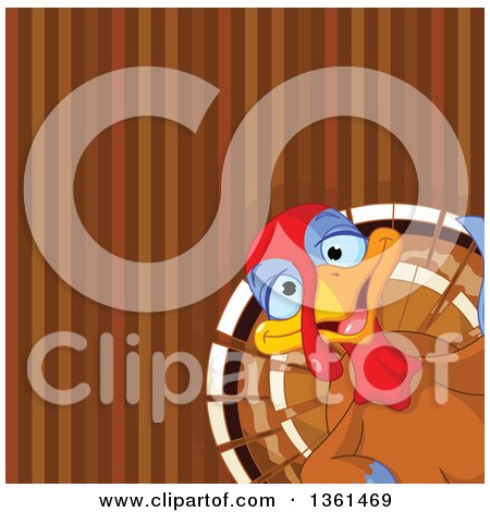 Clipart of a Cute Happy Thanksgiving Turkey Bird Peeking in the Lower Corner of a Brown Stripe Background - Royalty Free Vector Illustration by Pushkin