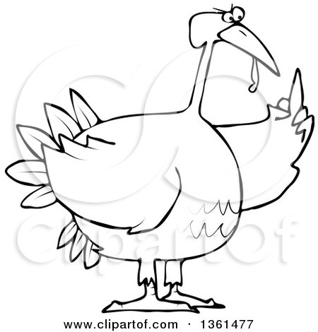 Clipart of a Cartoon Black and White Angry Chubby Thanksgiving Turkey Bird Holding up a Middle Finger - Royalty Free Vector Illustration by djart