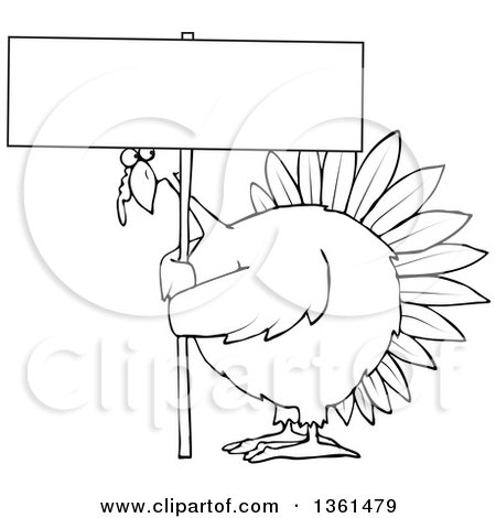Clipart of a Cartoon Black and White Chubby Thanksgiving Turkey Bird Holding a Blank Sign - Royalty Free Vector Illustration by djart