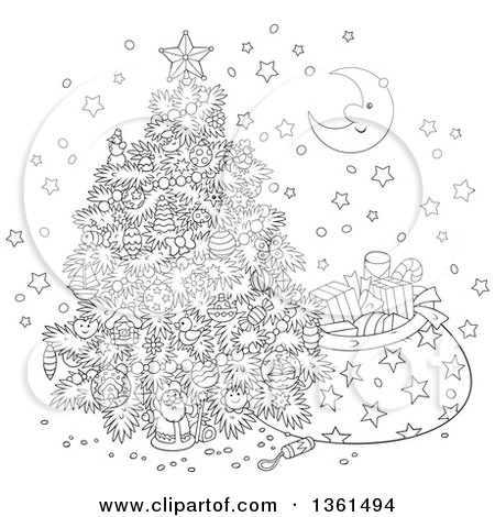 Clipart of a Cartoon Black and White Crescent Moon and Stars Around a Christmas Tree and Santas Sack - Royalty Free Vector Illustration by Alex Bannykh