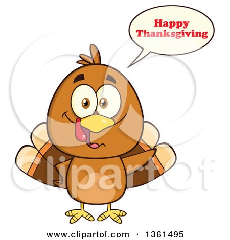 Clipart of a Cartoon Cute Thanksgiving Turkey Bird Saying Happy Thanksgiving - Royalty Free Vector Illustration by Hit Toon