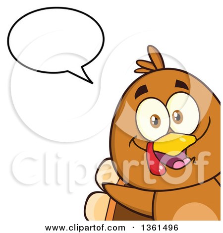Clipart of a Cartoon Cute Thanksgiving Turkey Bird Peeking out from a Corner and Talking - Royalty Free Vector Illustration by Hit Toon