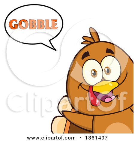 Clipart of a Cartoon Cute Thanksgiving Turkey Bird Peeking out from a Corner and Saying Gobble - Royalty Free Vector Illustration by Hit Toon