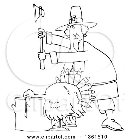 Clipart of a Cartoon Black and White Pilgrim Ready to Chop the Head off of a Thanksgiving Turkey Bird Laying His Head on a Chopping Block - Royalty Free Vector Illustration by djart