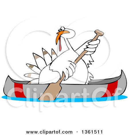 Clipart of a Cartoon White Thanksgiving Turkey Bird Canoeing - Royalty Free Vector Illustration by djart