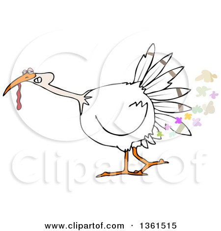 Clipart of a Cartoon White Thanksgiving Turkey Bird Farting - Royalty Free Vector Illustration by djart