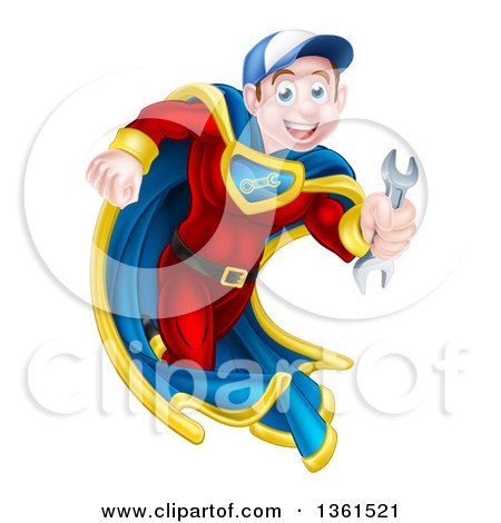 Clipart of a Young Brunette Caucasian Male Super Hero Mechanic Running with a Wrench - Royalty Free Vector Illustration by AtStockIllustration