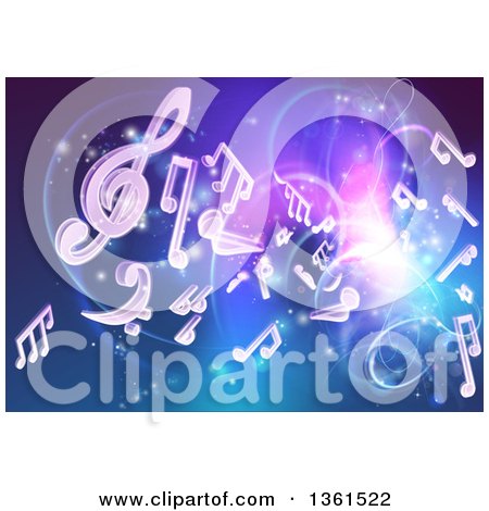 Clipart of a Blue and Purple Background of Bright Neon Lights, Flares and Floating Music Notes - Royalty Free Vector Illustration by AtStockIllustration