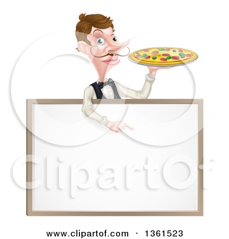 Clipart of a Cartoon Caucasian Male Waiter with a Curling Mustache, Holding a Pizza on a Tray and Pointing down over a Blank White Menu Sign Board - Royalty Free Vector Illustration by AtStockIllustration