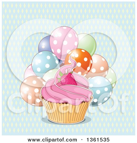 Clipart of a Pink Frosted Cupcake with a Strawberry over Polka Dot Party Balloons and a Diamond Pattern - Royalty Free Vector Illustration by Pushkin