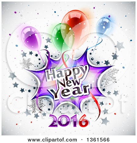 Clipart of a Happy New Year 2016 Burst with Snowflakes, Stars, and Party Balloons over Shading - Royalty Free Vector Illustration by Oligo