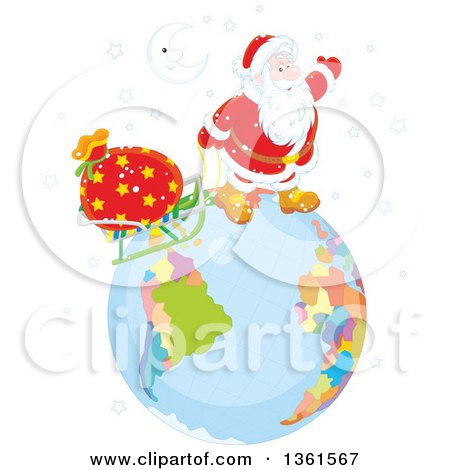 Clipart of a Crescent Moon over Santa Claus Pulling a Sleigh on a Globe on Christmas Eve - Royalty Free Vector Illustration by Alex Bannykh