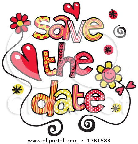 Clipart of Colorful Sketched Save the Date Word Art - Royalty Free Vector Illustration by Prawny
