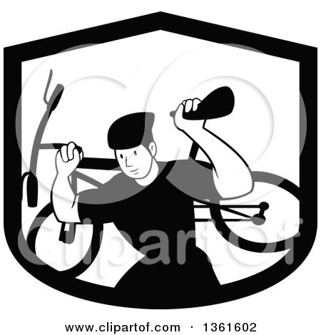 Clipart of a Black and White Male Cyclist Carrying a Bicycle on His Back Inside a Shield - Royalty Free Vector Illustration by patrimonio
