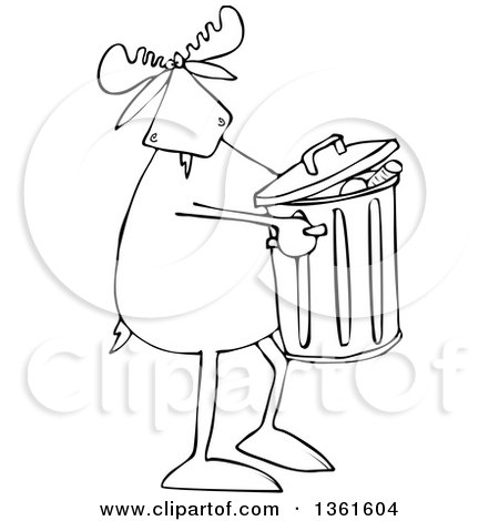 Clipart of a Cartoon Black and White Moose Taking out the Garbage - Royalty Free Vector Illustration by djart
