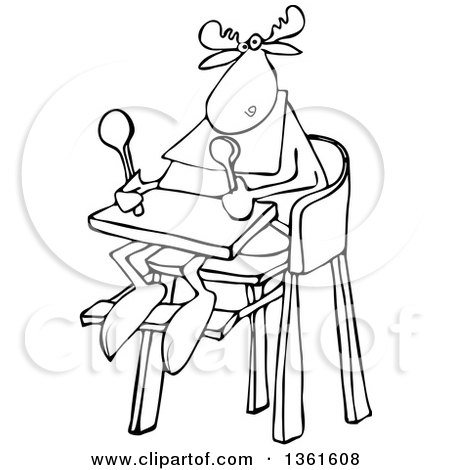 Clipart of a Cartoon Black and White Baby Moose Sitting in a High Chair - Royalty Free Vector Illustration by djart