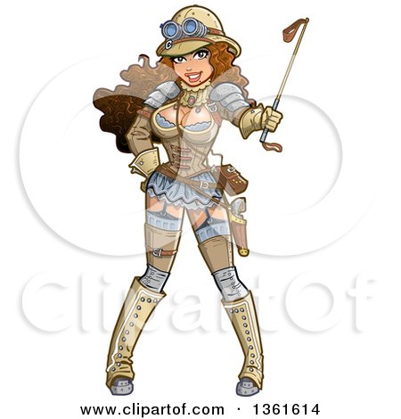 Clipart of a Sexy Brunette Steampunk Explorer Woman Holding a Riding Crop - Royalty Free Vector Illustration by Clip Art Mascots