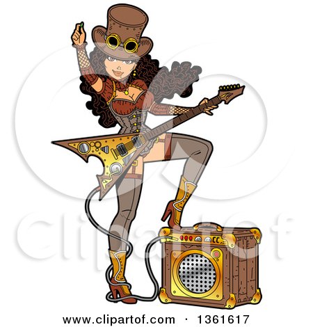 Clipart of a Sexy Brunette Steampunk Rocker Woman Resting One Foot on an Amplifier and Playing an Electric Guitar - Royalty Free Vector Illustration by Clip Art Mascots