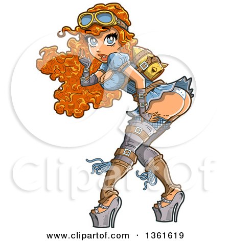 Clipart of a Surprised Sexy Red Haired Steampunk Woman Wearing a Rocket Strapped to Her Back and Bending over - Royalty Free Vector Illustration by Clip Art Mascots