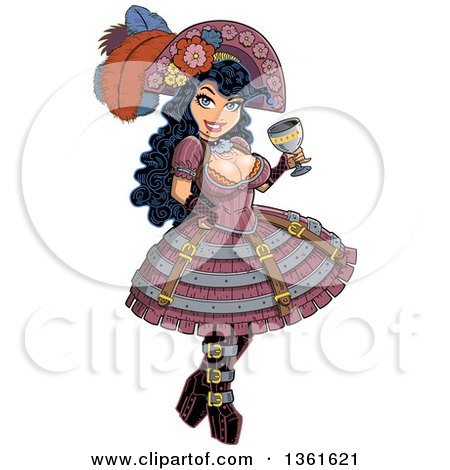 Clipart of a Sexy Steampunk Pirate Woman Holding a Wine Goblet and Wearing a Plumed Hat - Royalty Free Vector Illustration by Clip Art Mascots