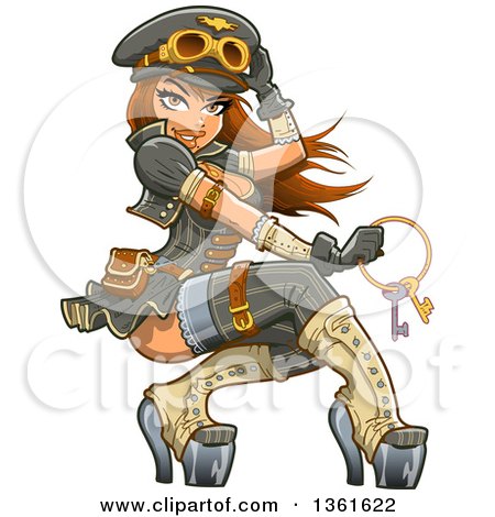 Clipart of a Sexy Brunette Steampunk Airship Aviator Captain Woman Holding a Key Ring - Royalty Free Vector Illustration by Clip Art Mascots