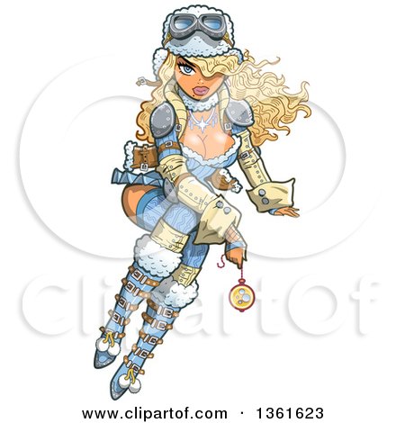 Clipart of a Sexy Blond Steampunk Woman Clad in Winter Themed Apparel and Holding a Pocket Watch - Royalty Free Vector Illustration by Clip Art Mascots