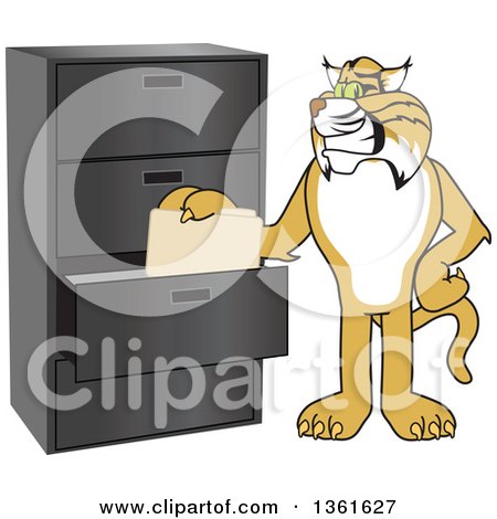 Clipart of a Bobcat School Mascot Character Filing Folders, Symbolizing Organization - Royalty Free Vector Illustration by Toons4Biz