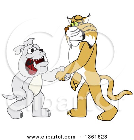 Clipart of a Bobcat School Mascot Character Shaking Hands with a Bulldog, Symbolizing Acceptance and Introduction - Royalty Free Vector Illustration by Mascot Junction