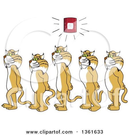 Clipart of Bobcat School Mascot Characters Walking in Line As a Fire Alarm Goes Off, Symbolizing Safety - Royalty Free Vector Illustration by Mascot Junction