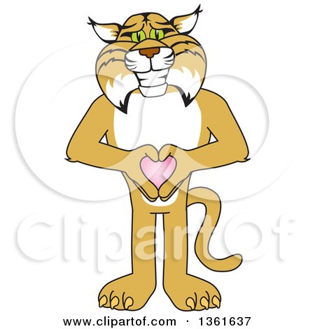 Clipart of a Bobcat School Mascot Character Holding a Heart, Symbolizing Compassion - Royalty Free Vector Illustration by Mascot Junction
