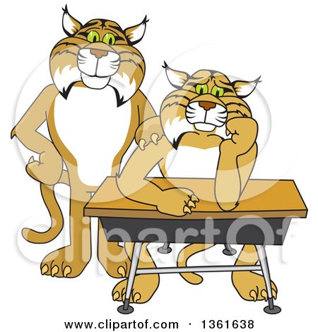 Clipart of a Compassionate Bobcat School Mascot Character Standing by a Worried Student - Royalty Free Vector Illustration by Mascot Junction
