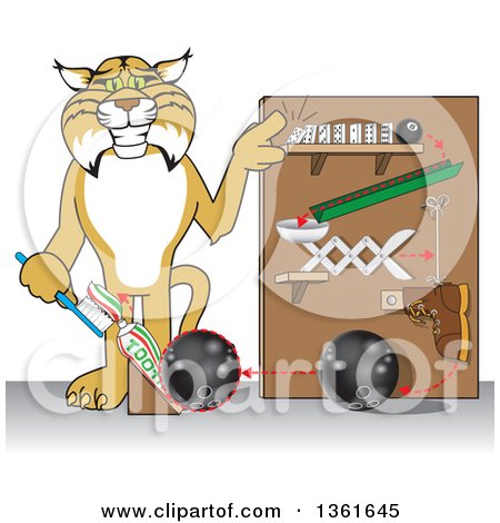 Clipart of a Bobcat School Mascot Character Showing a Toothpaste Dispenser Invention, Symbolizing Being Resourceful - Royalty Free Vector Illustration by Mascot Junction