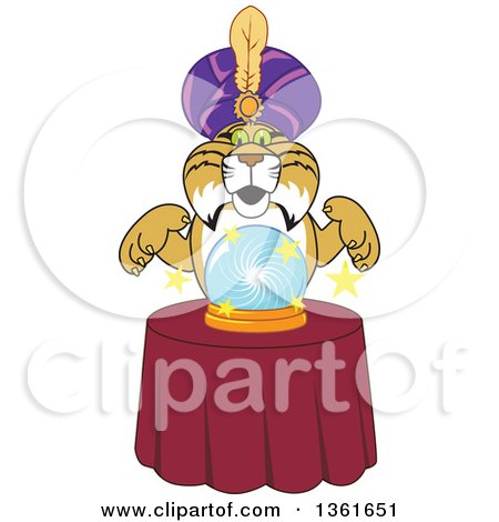 Clipart of a Bobcat School Mascot Character Gypsy Looking into a Crystal Ball, Symbolizing Being Proactive - Royalty Free Vector Illustration by Mascot Junction