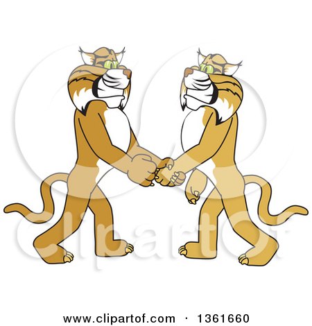 Clipart of a Bobcat School Mascot Character Shaking Hands with a Friend, Symbolizing Gratitude - Royalty Free Vector Illustration by Mascot Junction
