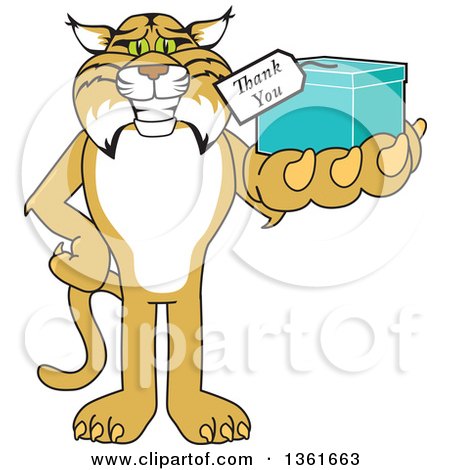 Clipart of a Bobcat School Mascot Character Holding up a Thank You Gift, Symbolizing Gratitude - Royalty Free Vector Illustration by Mascot Junction