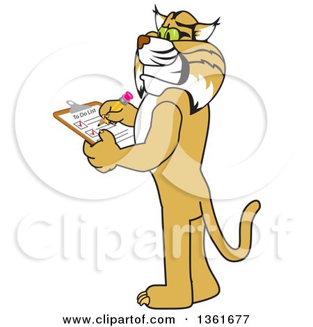 Clipart of a Bobcat School Mascot Character Completing a to Do List, Symbolizing Dependability - Royalty Free Vector Illustration by Toons4Biz