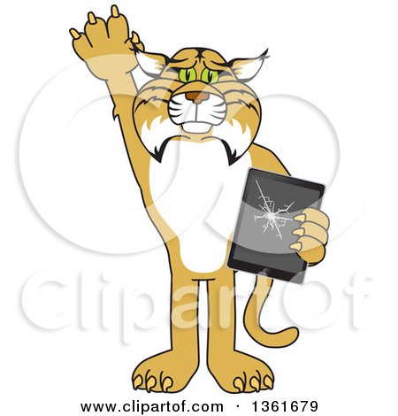 Clipart of a Bobcat School Mascot Character Confessing to Breaking a Tablet, Symbolizing Integrity - Royalty Free Vector Illustration by Toons4Biz