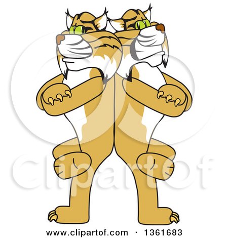 Clipart of Bobcat School Mascot Characters Standing Back to Back and Leaning on Each Other, Symbolizing Loyalty - Royalty Free Vector Illustration by Toons4Biz