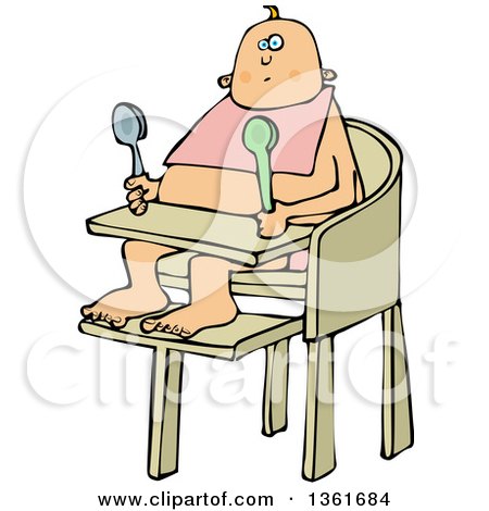 Clipart of a Cartoon Caucasian Baby Sitting in a High Chair and Holding Spoons - Royalty Free Vector Illustration by djart
