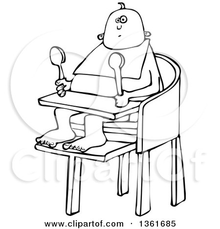 Clipart of a Cartoon Black and White Baby Sitting in a High Chair and Holding Spoons - Royalty Free Vector Illustration by djart