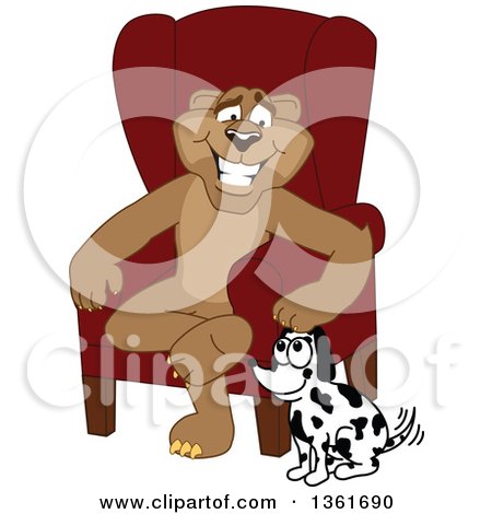 Clipart of a Cougar School Mascot Character Sitting by a Dog, Symbolizing Responsibility - Royalty Free Vector Illustration by Mascot Junction