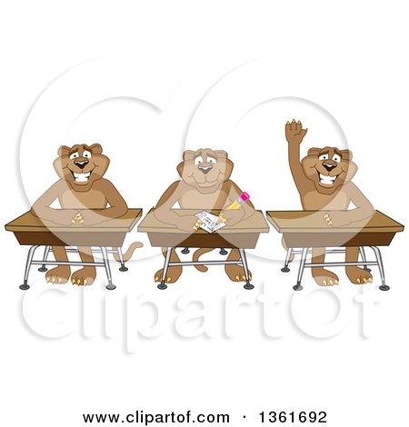 Clipart of Cougar School Mascot Characters Sitting at Desks, One Raising His Hand, Symbolizing Respect - Royalty Free Vector Illustration by Mascot Junction