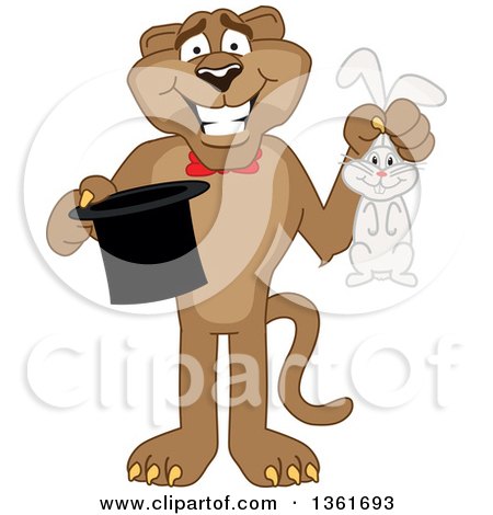 Clipart of a Cougar School Mascot Character Magician Holding a Rabbit and Hat, Symbolizing Being Resourceful - Royalty Free Vector Illustration by Mascot Junction