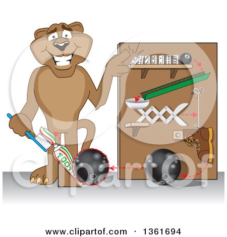 Clipart of a Cougar School Mascot Character Showing a Toothpaste Dispenser Invention, Symbolizing Being Resourceful - Royalty Free Vector Illustration by Mascot Junction