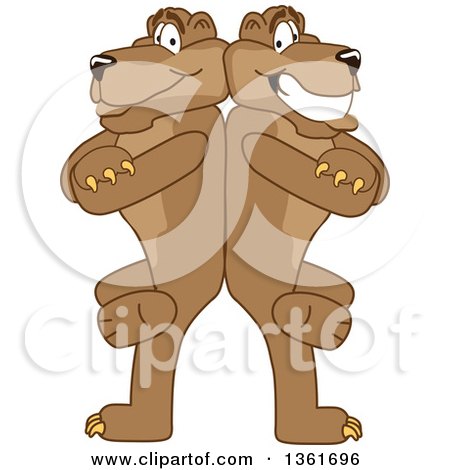 Clipart of a Cougar School Mascot Character Standing Back to Back and Leaning on Each Other, Symbolizing Loyalty - Royalty Free Vector Illustration by Mascot Junction