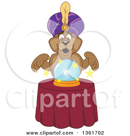Clipart of a Cougar School Mascot Character Fortune Teller Looking into a Crystal Ball, Symbolizing Being Proactive - Royalty Free Vector Illustration by Mascot Junction