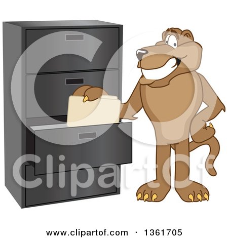 Clipart of a Cougar School Mascot Character Filing Folders, Symbolizing Organization - Royalty Free Vector Illustration by Mascot Junction