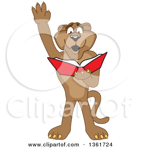Clipart of a Cougar School Mascot Character Raising His Hand and Reading a Book, Symbolizing Determination - Royalty Free Vector Illustration by Mascot Junction