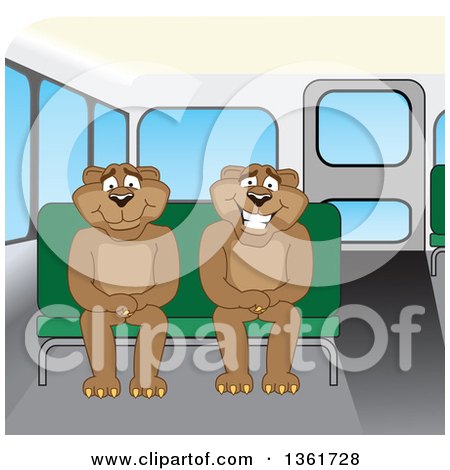Clipart of Cougar School Mascot Characters Sitting on a Bus Bench, Symbolizing Safety - Royalty Free Vector Illustration by Mascot Junction